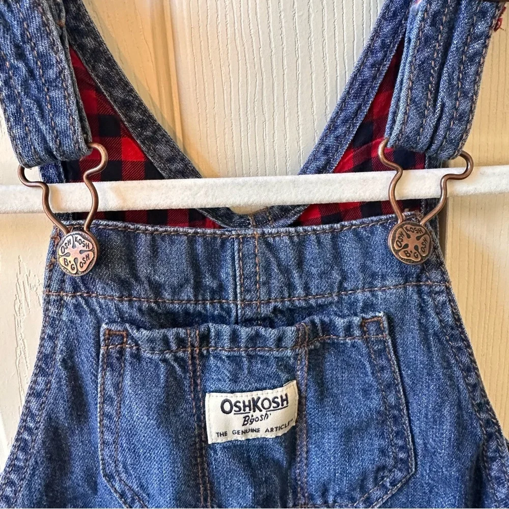 Oshkosh Girls Size 4T Buffalo Plaid Lined Denim Overalls Bib Ruffle Pockets